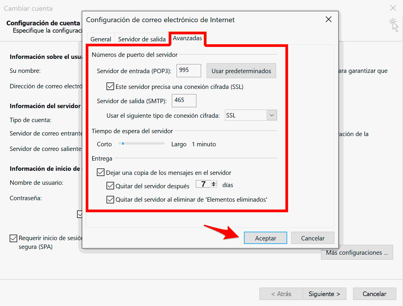 Outlook 2016 en Windows 10: Configuración de la cuenta, Más configuraciones, Avanzadas Este servidor precisa una conexión cifrada (SSL)