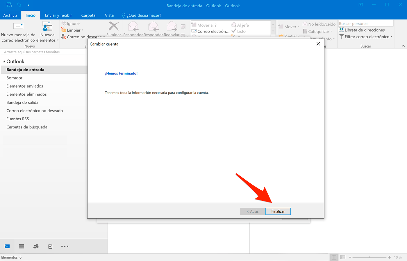 Outlook 2016 en Windows 10: hemos terminado - La cuenta ha sido agregada