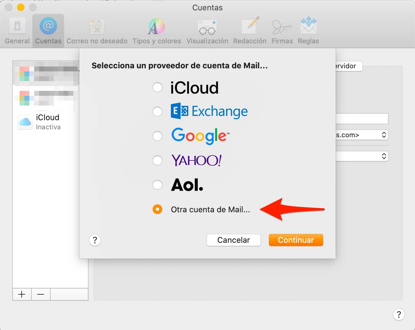 macOS Mail Selecciona un proveedor de cuenta de Mail: Otra cuenta de Mail...