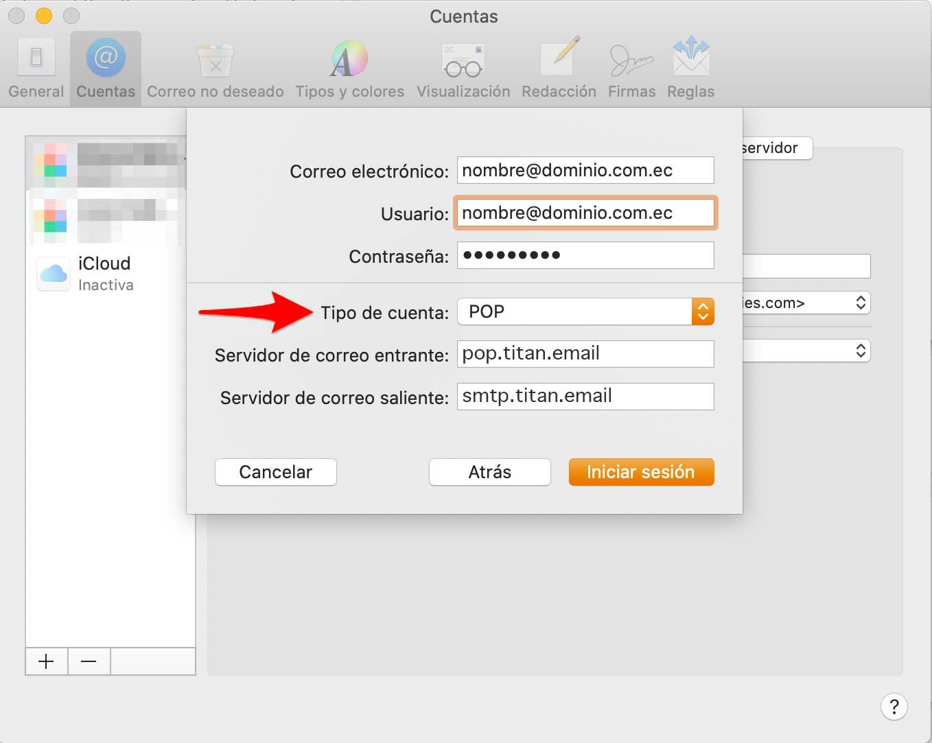 macOS Mail configurar mail POP3: Tipo de cuenta, servidor de correo entrante y saliente