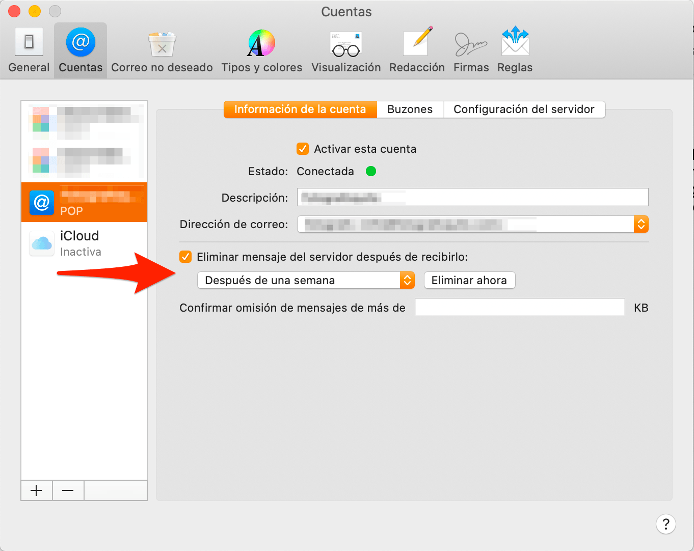 Eliminar mensaje del servidor después de recibirlo, después de una semana, eliminar ahora