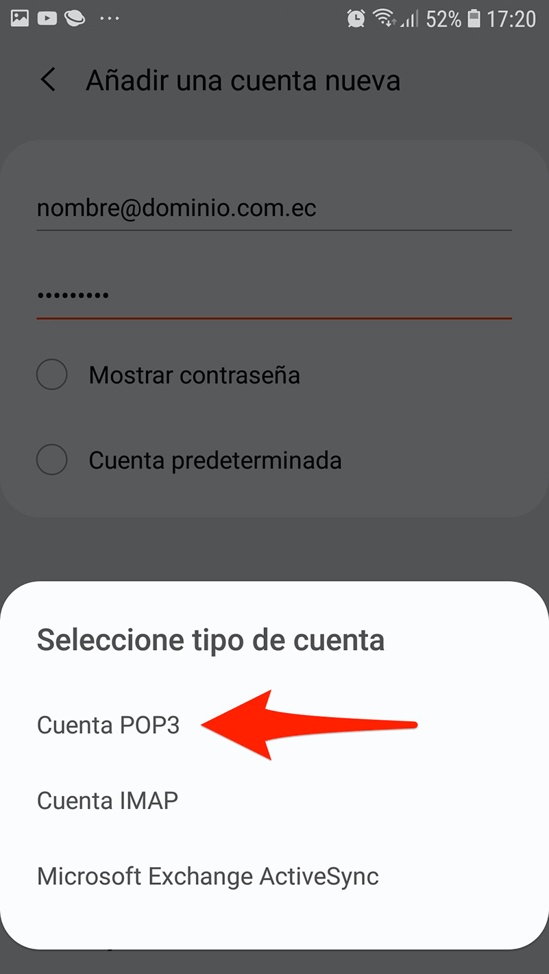 Android Mail configurar Selecciona tipo de Cuenta POP3
