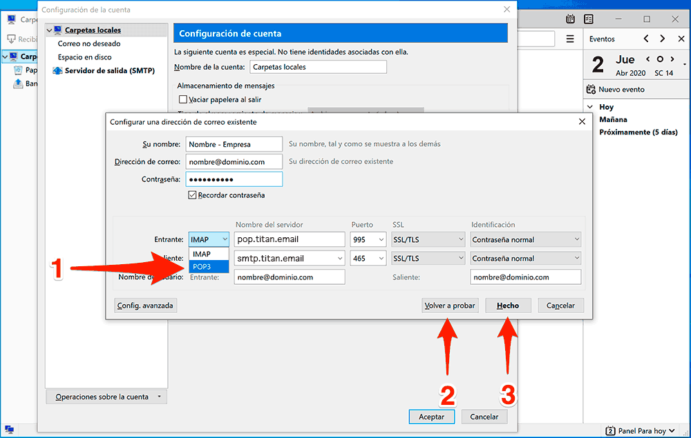 Thunderbird POP3 entrante 995 SSL - saliente 465 SSL