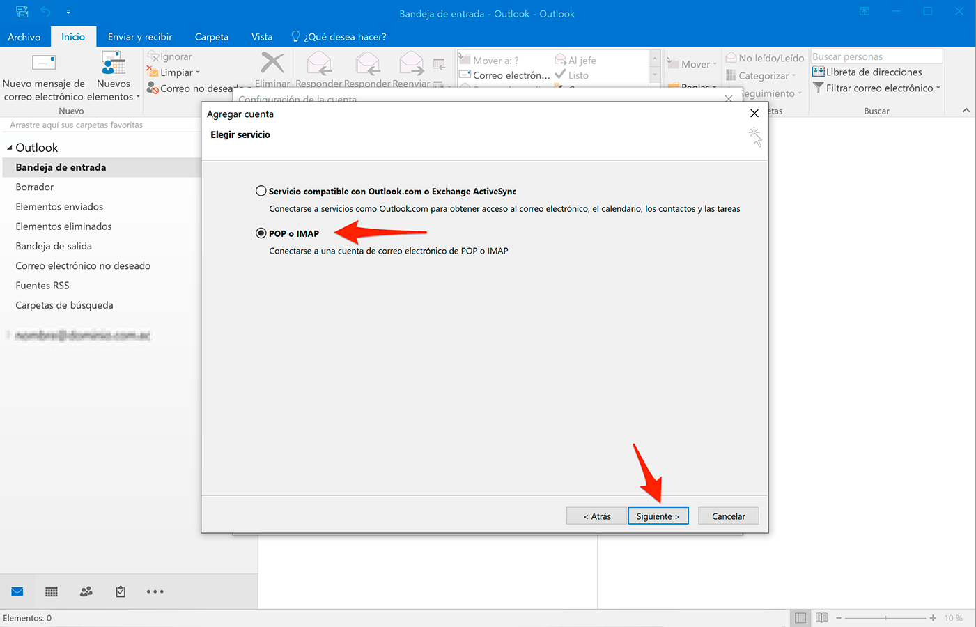 Outlook 2016 en Windows 10: Elegir servicio POP o IMAP