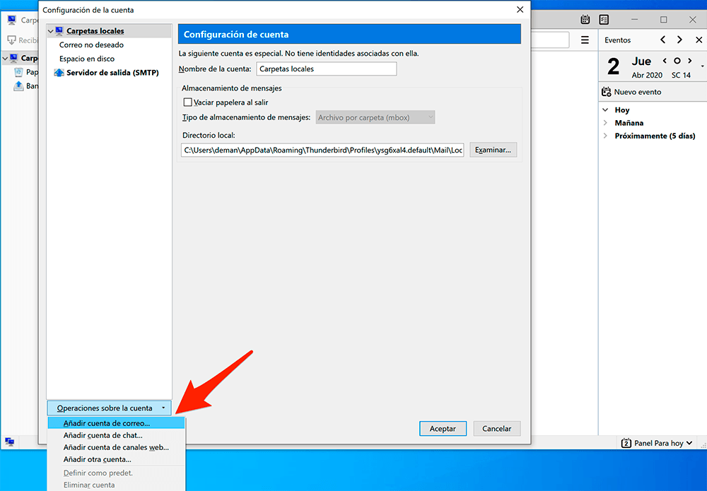Mozilla Thunderbird Operaciones sobre la cuenta - Añadir cuenta de correo