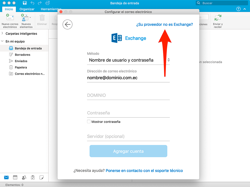 Hacer clic en ¿Su proveedor no es Exchange?