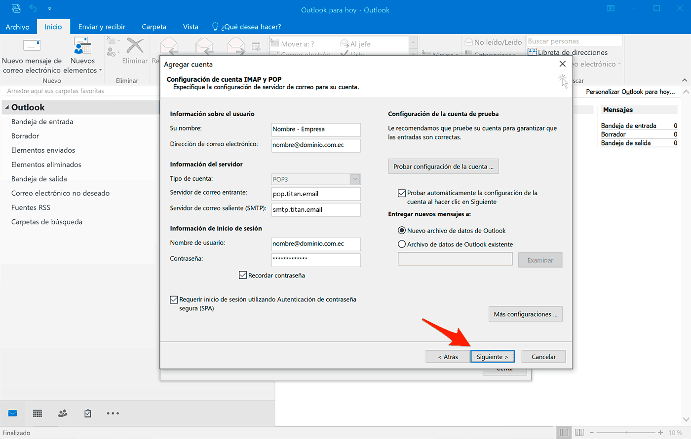 Outlook 2016 en Windows 10: Configuraci贸n de la cuenta manual y siguiente