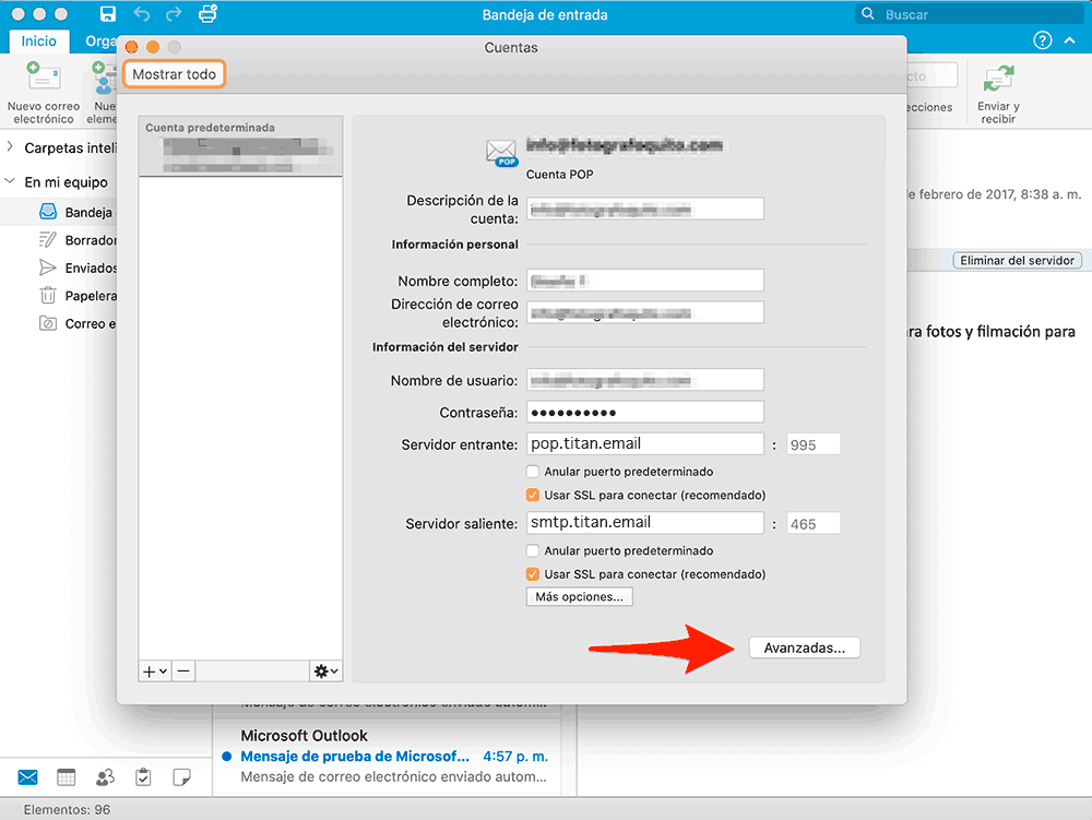 Outlook 2016 en Windows 10: Configuración de la cuenta, Más configuraciones, Avanzadas