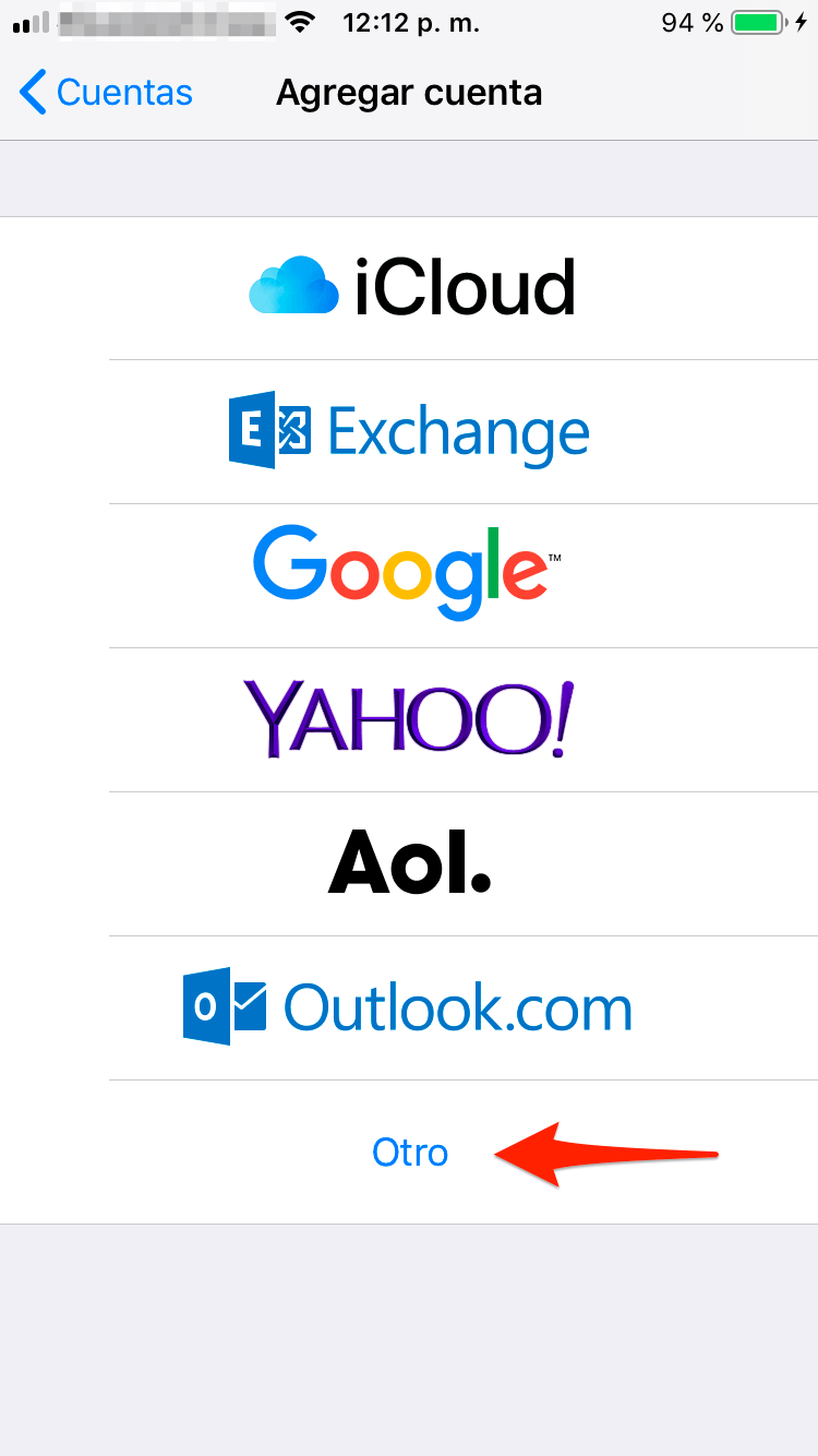 Configurar POP3 iOS Mail seleccionar "Otro"