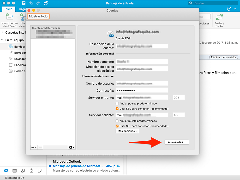 Outlook 2016 en Windows 10: Configuración de la cuenta, Más configuraciones, Avanzadas