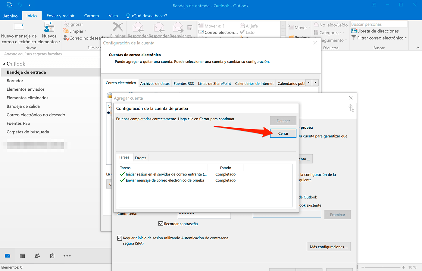 Outlook 2016 en Windows 10: Prueba de la Configuraci贸n de la cuenta