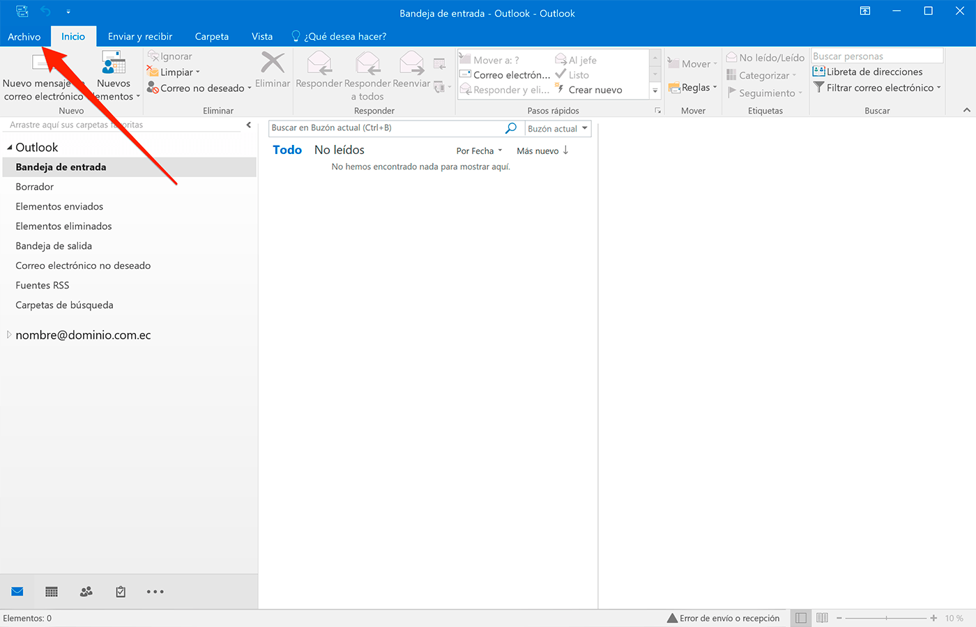 Iniciar Outlook 2016 en Windows y ir a Archivo