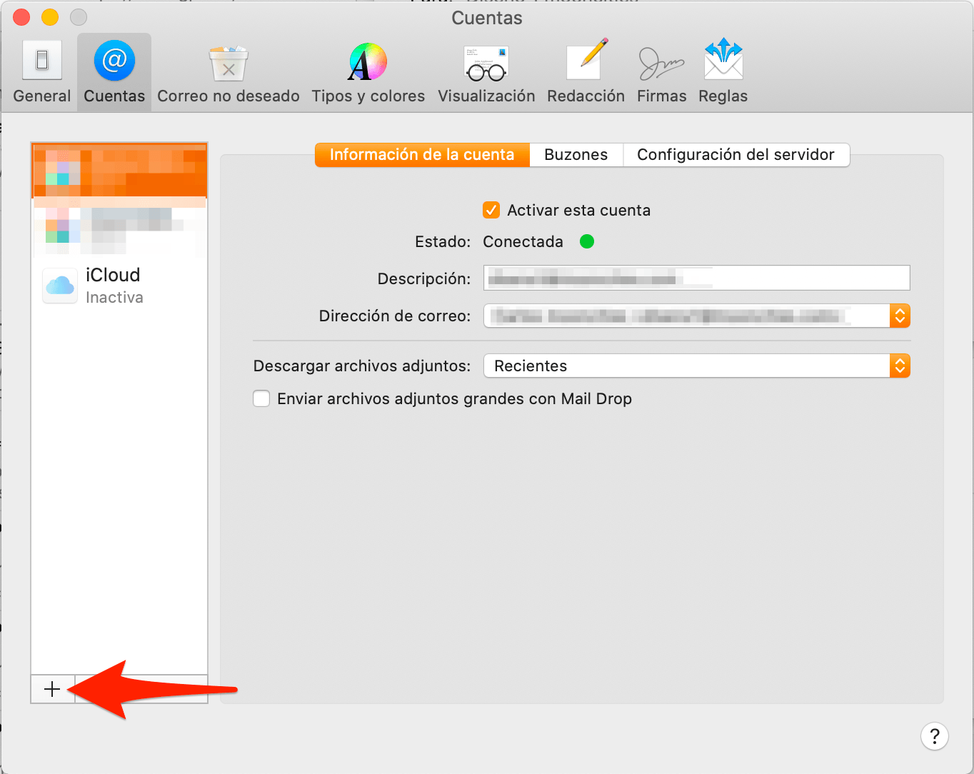 macOS Mail configurar mail POP: Agregar cuenta + hacer clic en +plus"